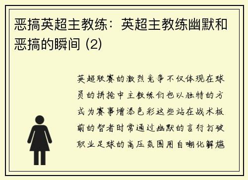 恶搞英超主教练：英超主教练幽默和恶搞的瞬间 (2)