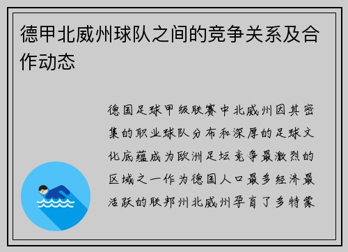 德甲北威州球队之间的竞争关系及合作动态